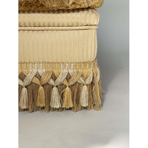 92 - CENTRE STOOL, square gold and yellow silk style fabric upholstery with cushion and fringe, 73cm x 73... 