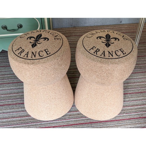 367 - CHAMPAGNE CORK  BARREL STOOLS, a pair, 60cm H x 35cm. (2)