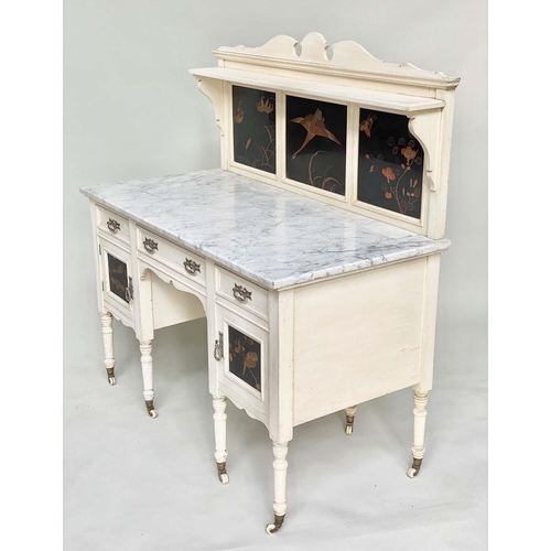 258 - SIDEBOARD, 19th century Aesthetic grey painted with Japanese inset lacquered panels, white marble to... 