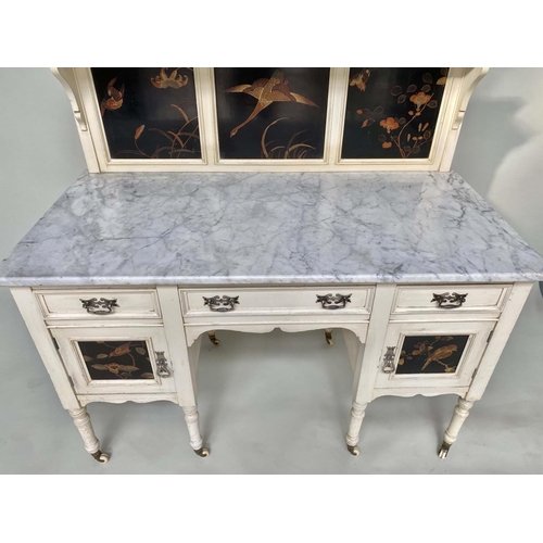 258 - SIDEBOARD, 19th century Aesthetic grey painted with Japanese inset lacquered panels, white marble to... 