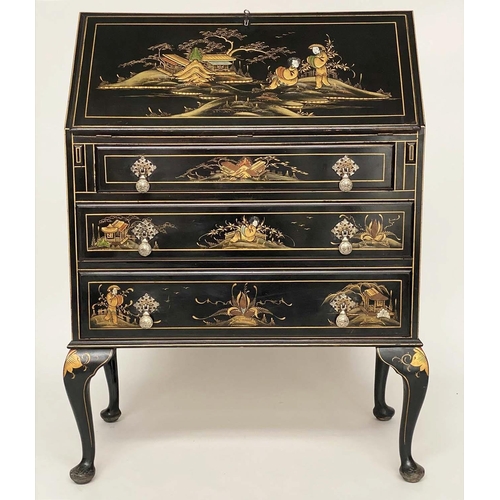 242 - CHINOISERIE BUREAU, Queen Anne style, early 20th century lacquered and gilt Chinoiserie decorated wi... 