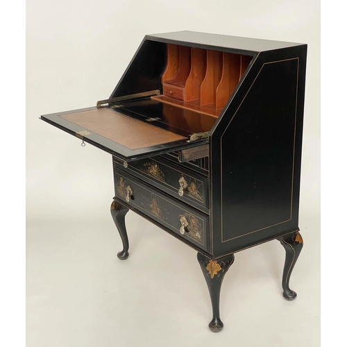 242 - CHINOISERIE BUREAU, Queen Anne style, early 20th century lacquered and gilt Chinoiserie decorated wi... 