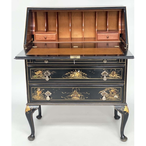 242 - CHINOISERIE BUREAU, Queen Anne style, early 20th century lacquered and gilt Chinoiserie decorated wi... 