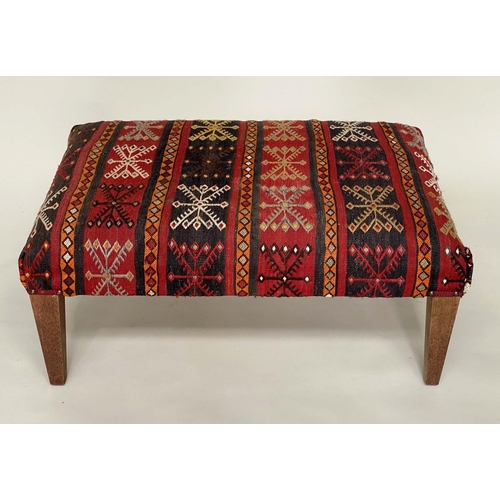 254 - KILIM FOOTSTOOL, rectangular kilim upholstered with square tapering supports, 82cm W x 56cm D x 35cm... 