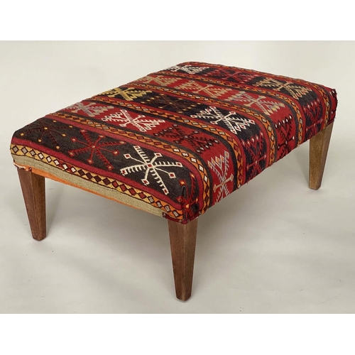 254 - KILIM FOOTSTOOL, rectangular kilim upholstered with square tapering supports, 82cm W x 56cm D x 35cm... 