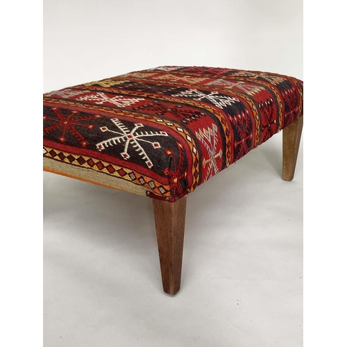 254 - KILIM FOOTSTOOL, rectangular kilim upholstered with square tapering supports, 82cm W x 56cm D x 35cm... 