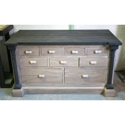 238 - CHEST, 73cm H x 135cm W x 74cm D, grey painted top and columns above nine drawers.