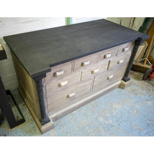 238 - CHEST, 73cm H x 135cm W x 74cm D, grey painted top and columns above nine drawers.