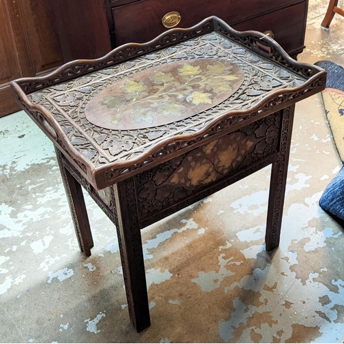 128 - TRAY TABLE, Anglo-Indian brass inlaid foliage decoration, foliage and vine carving throughout, foldi... 