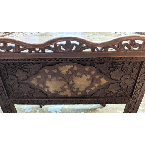 128 - TRAY TABLE, Anglo-Indian brass inlaid foliage decoration, foliage and vine carving throughout, foldi... 