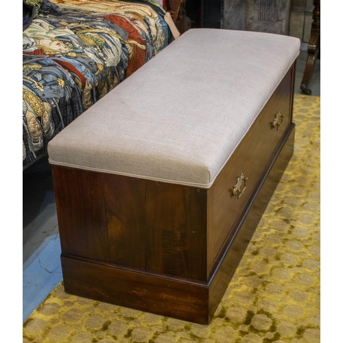 129 - BENCH, 52cm H x 117cm W x 47cm D, Edwardian mahogany and string inlaid with later fawn linen padded ... 