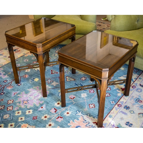 131 - LAMP TABLES, 54cm x 53cm w x 43cm D, a pair, Georgian style mahogany with inset glass tops. (2)