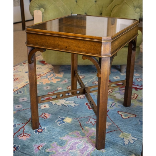 131 - LAMP TABLES, 54cm x 53cm w x 43cm D, a pair, Georgian style mahogany with inset glass tops. (2)