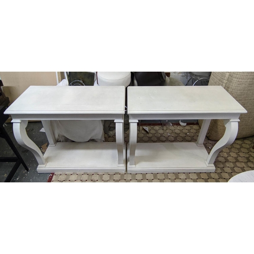 139 - PAIR OF CONSOLE TABLES, 120cm W x 43cm D x 84cm H, in a painted finish. (2)