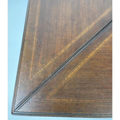 140 - EDWARDIAN ENVELOPE CARD TABLE, mahogany square form with green baize interior, sunken counter wells ... 