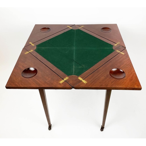 140 - EDWARDIAN ENVELOPE CARD TABLE, mahogany square form with green baize interior, sunken counter wells ... 