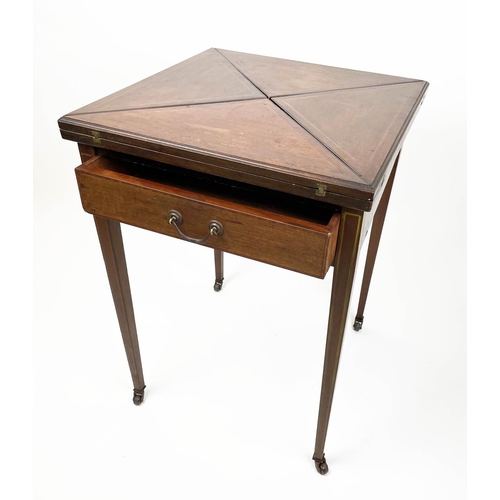 140 - EDWARDIAN ENVELOPE CARD TABLE, mahogany square form with green baize interior, sunken counter wells ... 