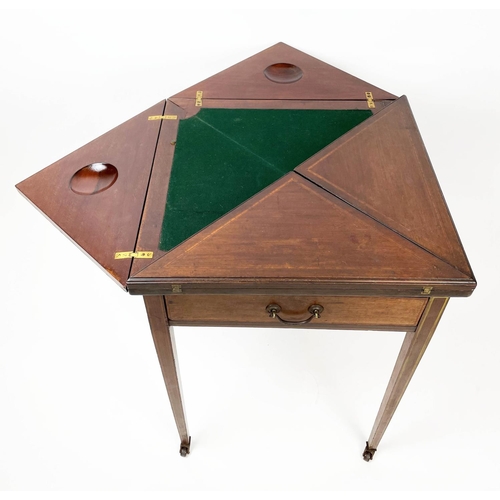 140 - EDWARDIAN ENVELOPE CARD TABLE, mahogany square form with green baize interior, sunken counter wells ... 