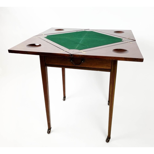 140 - EDWARDIAN ENVELOPE CARD TABLE, mahogany square form with green baize interior, sunken counter wells ... 