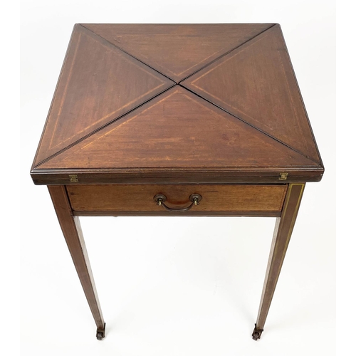 140 - EDWARDIAN ENVELOPE CARD TABLE, mahogany square form with green baize interior, sunken counter wells ... 