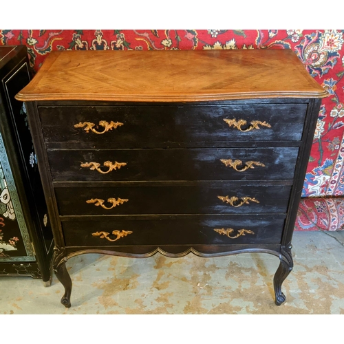 144 - CHEST, 89cm W x 47cm D x 92cm H, ebonised with walnut top and four drawers with gilt handles.