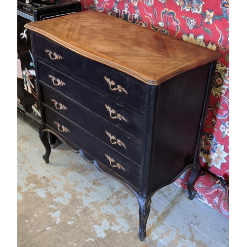 144 - CHEST, 89cm W x 47cm D x 92cm H, ebonised with walnut top and four drawers with gilt handles.