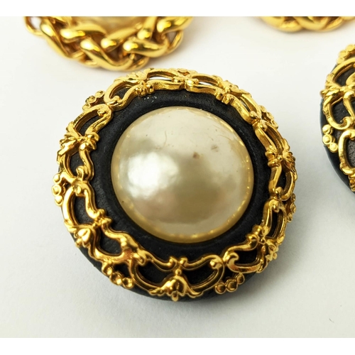 15 - CHANEL EARRINGS, a pair, large simulated pearls surrounded by gilt metal surrounds, black leather ba... 