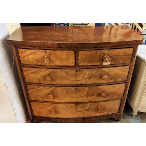 151 - CHEST, Victorian mahogany bow fronted form, two short over three long drawers, turned feet, 110cm H ... 