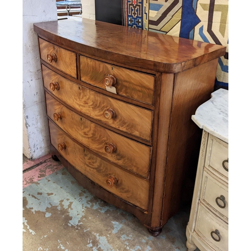 151 - CHEST, Victorian mahogany bow fronted form, two short over three long drawers, turned feet, 110cm H ... 