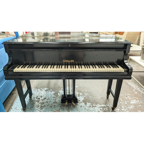 183 - CHALLEN BABY GRAND PIANO, 142cm W x 140cm D, in an ebonised finish.