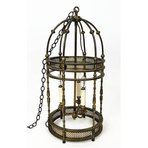 185 - HALL LANTERN, early 20th century brass, three branch, 76cm H, excluding chain.