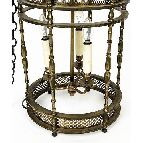 185 - HALL LANTERN, early 20th century brass, three branch, 76cm H, excluding chain.