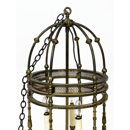 185 - HALL LANTERN, early 20th century brass, three branch, 76cm H, excluding chain.