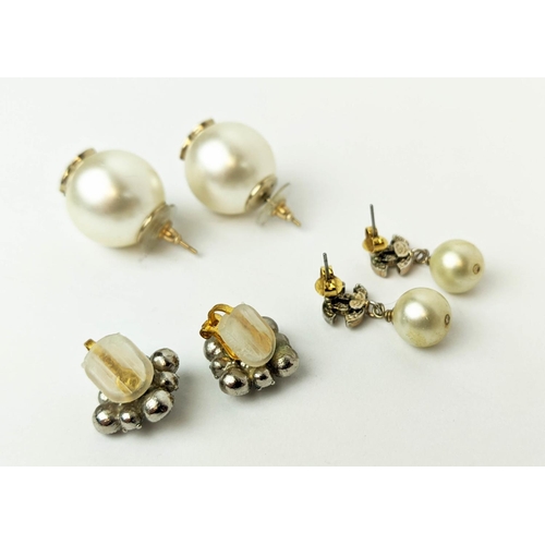 22 - CHANEL EARRINGS, three pairs, comprising a pair of large faux pearl earrings bearing the overlaid lo... 