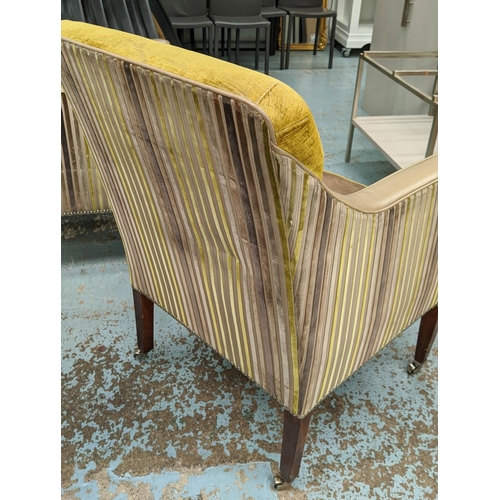 280 - ARMCHAIRS, a pair, 74cm x 75cm x 96cm, green and brown fabric upholstered, striped fabric detail, le... 