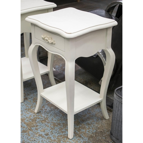 282 - BEDSIDE TABLES, 68cm H x 44cm W x 38cm D, a pair, French style white painted, each with single drawe... 