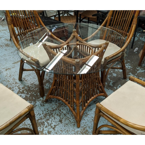 300 - BAMBOO DINING SET, including four chairs, 100cm H and table, 76cm H x 100cm approx, with glass top, ... 