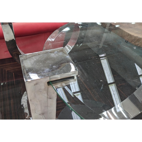 302 - SIDE TABLES, a pair, polished metal and lacquered supports, bevelled glass tops, 67cm x 56cm x 62cm.... 