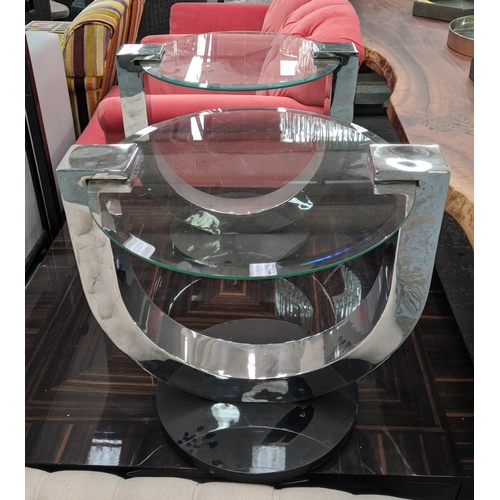 302 - SIDE TABLES, a pair, polished metal and lacquered supports, bevelled glass tops, 67cm x 56cm x 62cm.... 