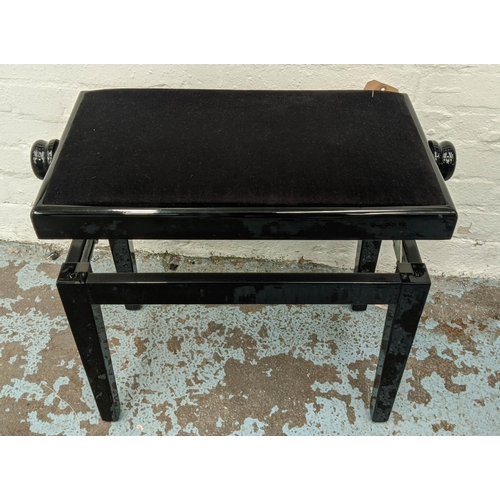 310 - PIANO STOOL, 67cm x 33cm x 58cm at tallest, height adjustable design, black velvet seat, lacquered f... 