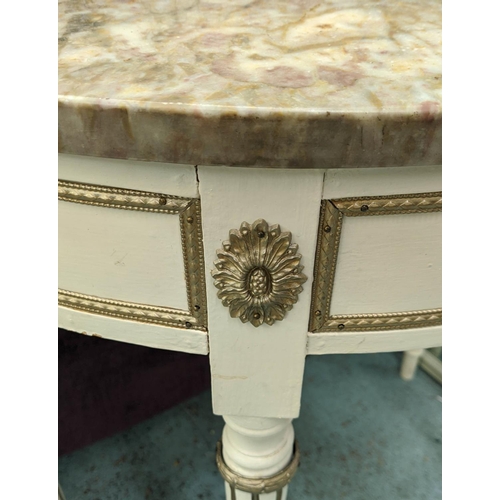 312 - DEMILUNE CONSOLE TABLE, 76cm x 38cm x 79cm, Regency style, painted with silvered metal mounts, marbl... 