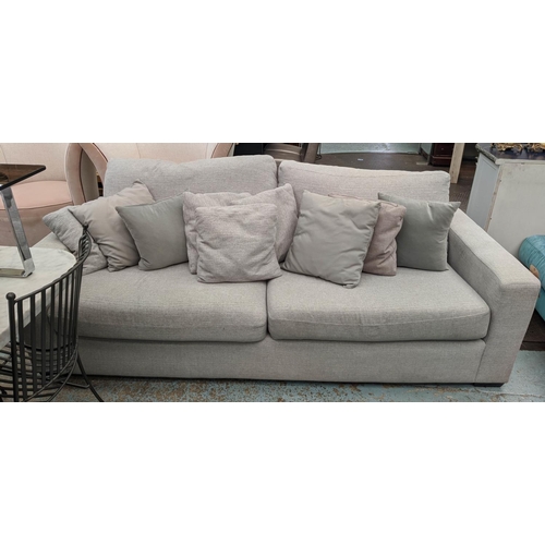 315 - SITS SOFA, grey fabric upholstered, ebonised block feet, 215cm W.