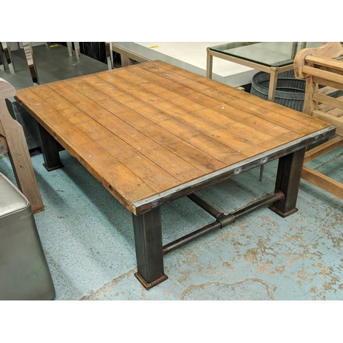 372 - LOW TABLE, 140cm x 97cm x 47cm, industrial style, ten plank top, metal base.