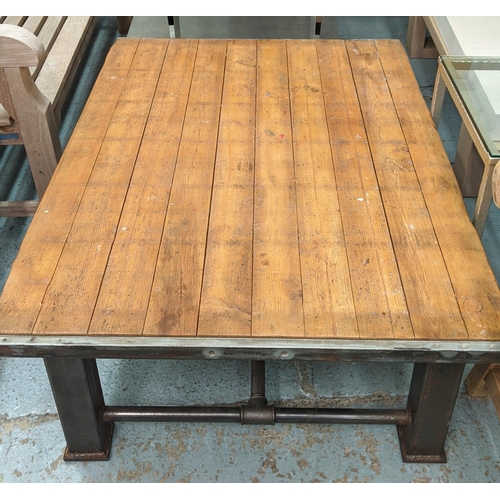 372 - LOW TABLE, 140cm x 97cm x 47cm, industrial style, ten plank top, metal base.