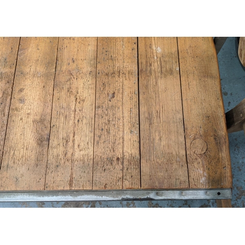 372 - LOW TABLE, 140cm x 97cm x 47cm, industrial style, ten plank top, metal base.