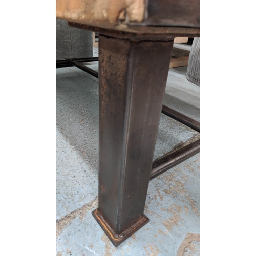 372 - LOW TABLE, 140cm x 97cm x 47cm, industrial style, ten plank top, metal base.