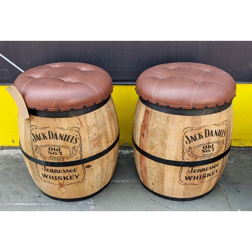 375 - BARREL STOOLS, a pair, with faux leather upholstered seats, which lift of to reveal internal insuran... 