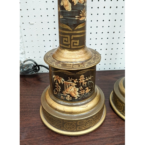 379 - TOLEWARE STYLE TABLE LAMPS, a pair, 61cm H. (2)