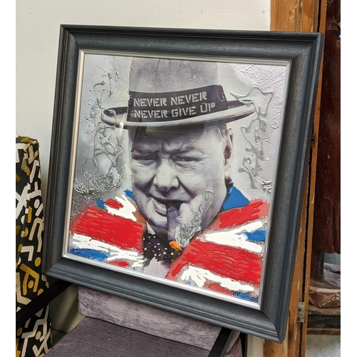 385 - CONTEMPORARY SCHOOL, portrait of Churchill, photo print, with relief detail, framed 86cm x 86cm.