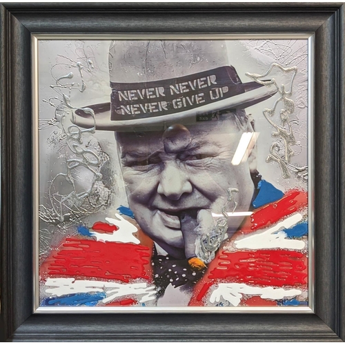 385 - CONTEMPORARY SCHOOL, portrait of Churchill, photo print, with relief detail, framed 86cm x 86cm.